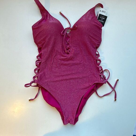 NWT Bar III Shimmer Lace-Up One-Piece Swimsuit, in shimmer pink Size M - Picture 3 of 8